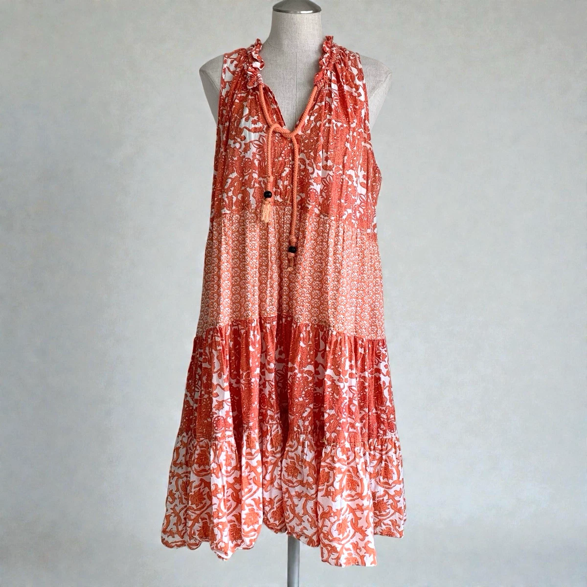 chinese dress ladies Chelsea and Theodore V-Neckline Sleeveless Mixed Print Tiered A-Line Maxi  Dress