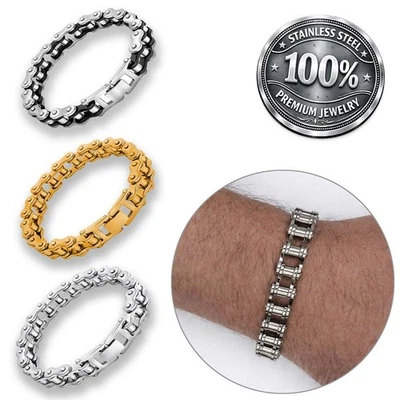 Homme Bracelet Chaîne De Motard En Acier Inoxydable Brillant Argent Noir Or - Photo 1/4