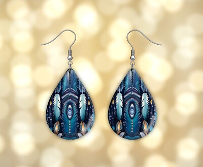 Blue Feathers Earrings Handmade Wood Tear Drop Dangle Printed Jewelry