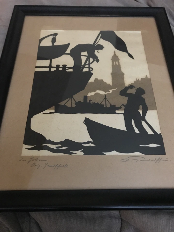 Scherenschnitte - силуэт - слои - вырезанная из бумаги - моряки - лодки - подписанное искусство - Изображение 3 из 4