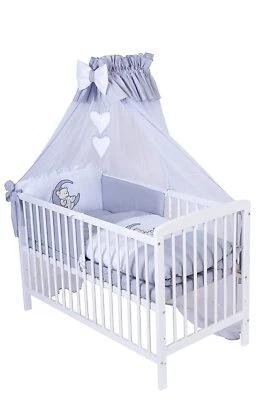 Babybett Jose mit 10-tlg Komplett-Set Bettwäsche Matratze Himmel Neu Teddy Grau