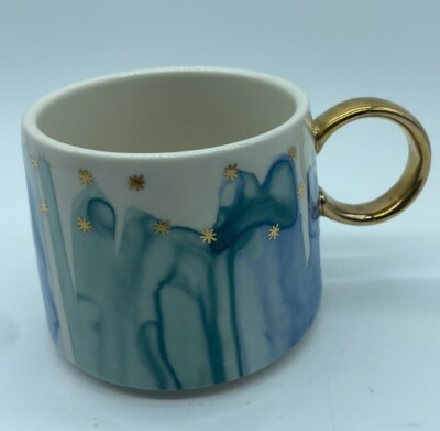 Anthropologie Night Sky Watercolor Mug One Size Ceramic White Blue Gold Starry