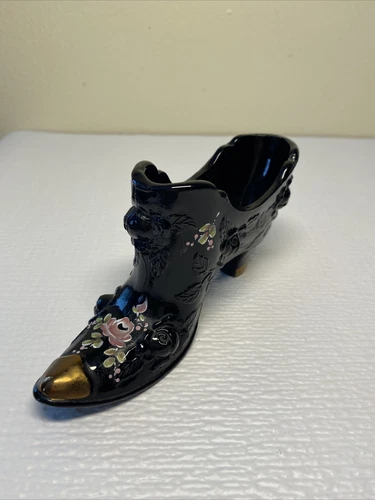 Fenton Art Glass Hand Painted Cabbage Rose Black Copper Rose Slipper Shoe