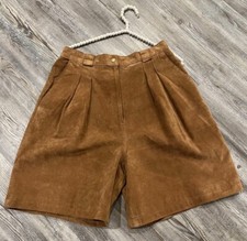 VTG 90s Winlit Brown 100 Suede Leather High Waisted Pleated Front Mom Shorts 14