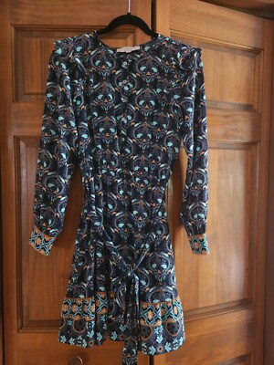 Loft Ruffle Paisley Midi Flare Long Sleeve Dress Size Small with Tie Belt 