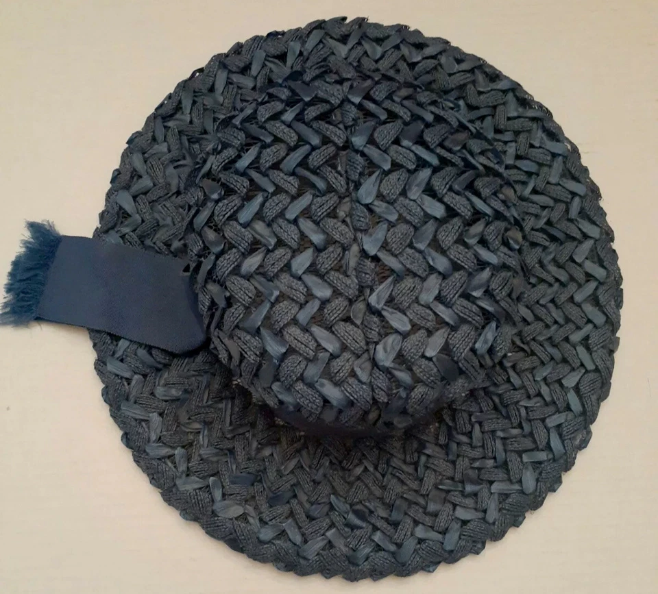 RARO 1950 Vintage Elsa Schiaparelli París Azul Tejido Rafia Sombrero Cinta RARO Foto 4 de 4