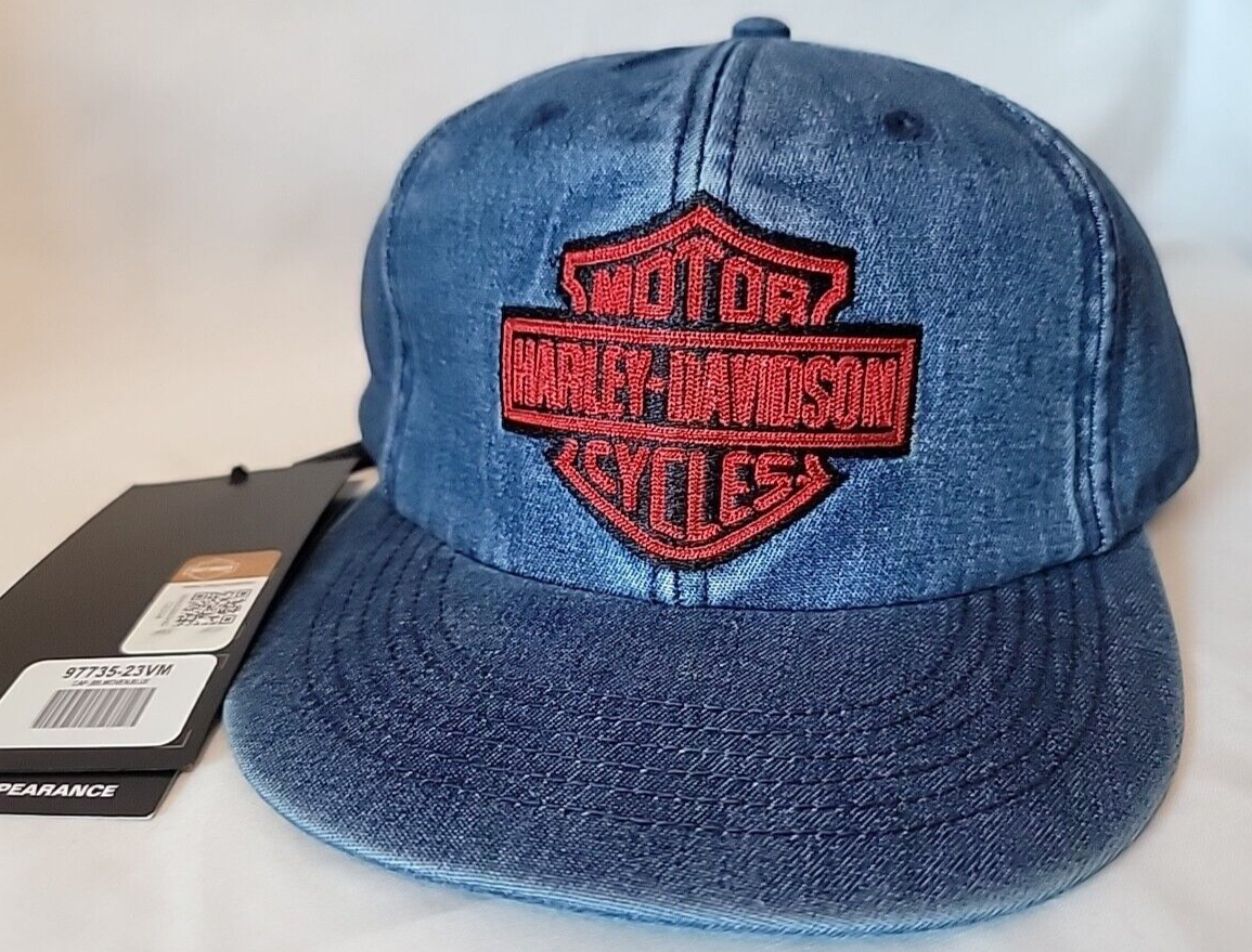 Harley Davidson Motorcycle Blue Denim Hat Red Logo Snapback