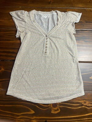 Maurices 24/7 Shirt, Women's Size Small, White Tan, Striped, Ruffled Sleeve