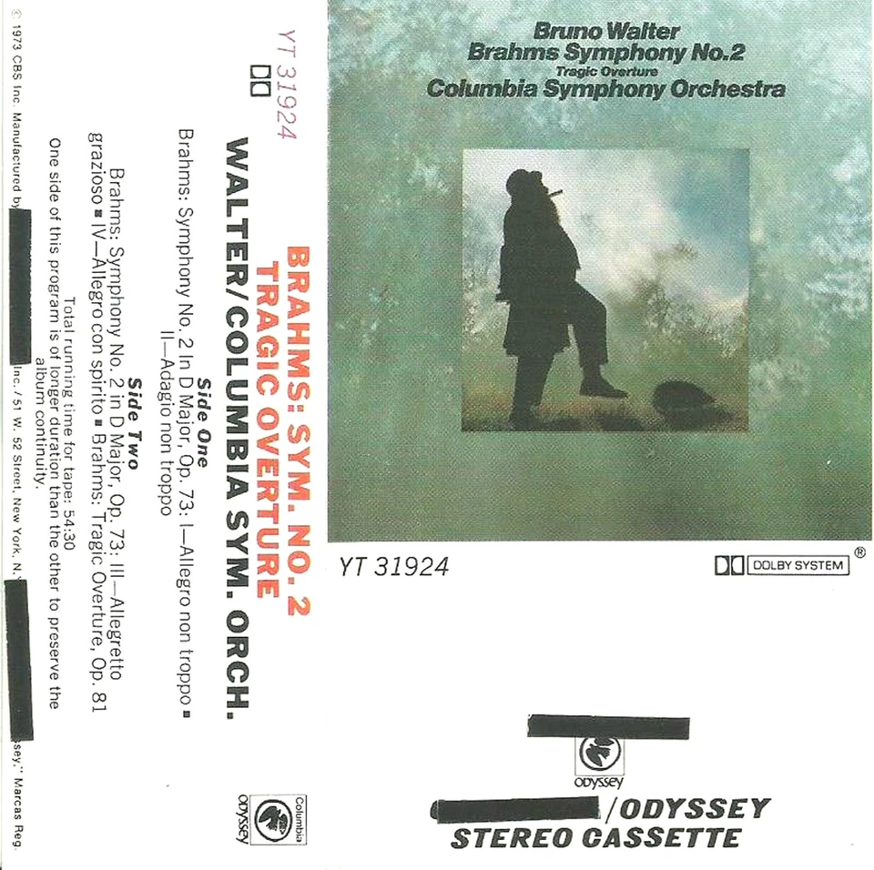 Brahms Symphony No.2 Tragic Overture CASSETTE ALBUM Bruno Walter Columbia Symph. - Image 4 of 4
