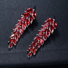 Silver Plated Cubic Zircon Red Leaf Shaped Dangle Earring for Brides Women Party