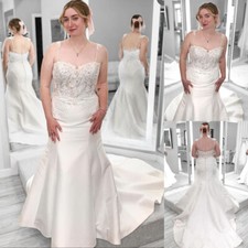 Elegant Satin Mermaid Wedding Dresses Spaghetti Straps Beaded Bridal Gowns Train