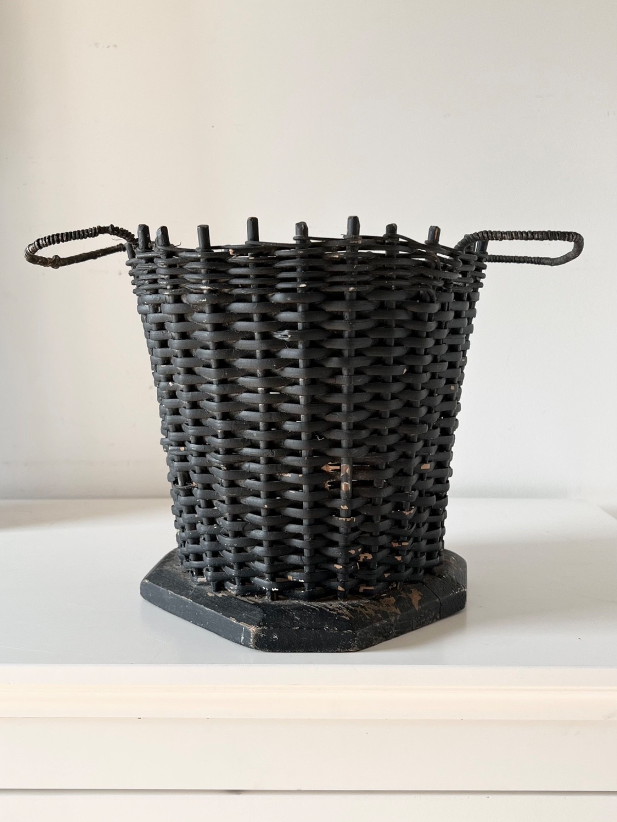 Antique Funeral Flower Basket Black Painted Wicker Woven Mourning Display