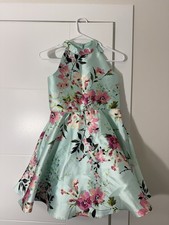 Light Blue Floral Fit  Flare Halter Dress Bow Accent Sleeveless Satin