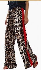 Women  s Wide-Leg Leopard Print Pants Beige Brown Red Stripe Elastic S 31"