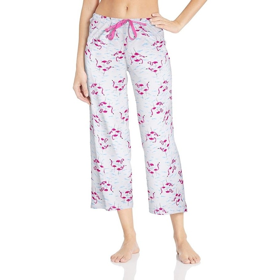 HUE Flamingo Print Womens Pajama Pants Cotton Drawstring Stretch Cropped Size L