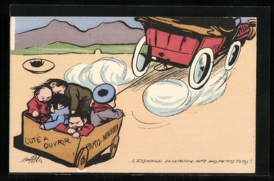 Artist postcard children have their soapbox tied to an accelerating car 