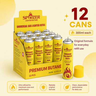 Spozer Refined Butane Lighter Gas Fuel Refill 12/24 Can 300ML 10.14 oZ Canisters