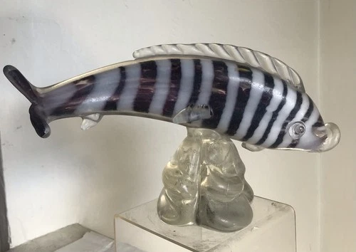 VINTAGE MURANO GLASS STRIPED FISH SCULPTURE OLD & UNIDENTIFIED SEGUSO CENEDESE