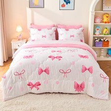 7 Piece Pink Bedding Set for Girls Kids Size Comforter Set with Queen Bow