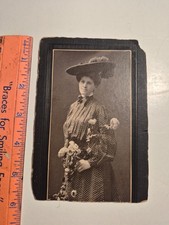 Vintage Antique Cabinet Card Photo Victorian Woman Big Hat Flowers