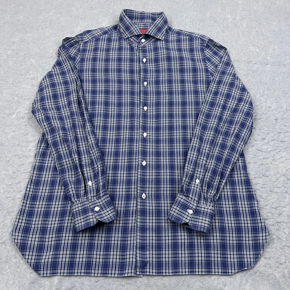 ISAIA Napoli Dress Shirt Men's 18-45 Blue Plaid Long Sleeve Made in Italy Check - Image 4 of 4