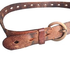 Vintage Hippy Belt 36 38 1970's Distressed Brown Leather Copper Buckle Slotted