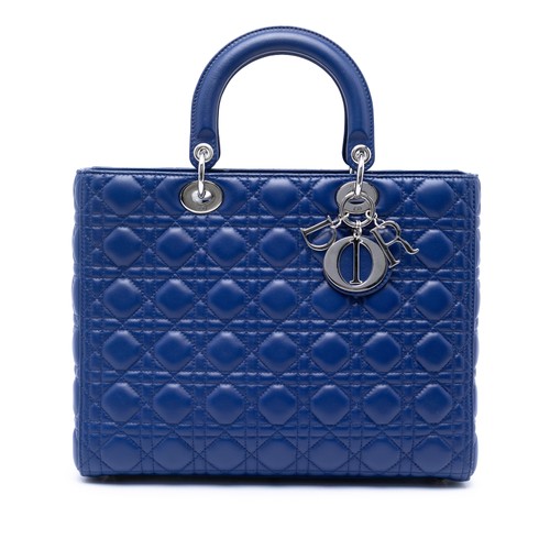 Dior Large Lambskin Cannage Lady Pre-Loved Satchel Blue