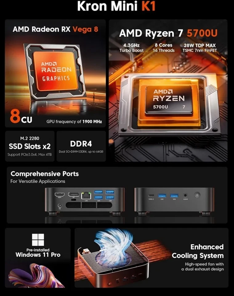 ACEMAGIC Mini PC AMD Ryzen 7 5700U Mini PC 32GB DDR4 512GB SSD Silent (BLACK) K1 - Image 4 of 4