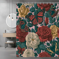 Butterfly and Rose Floral Shower Curtain Pink Green Print
