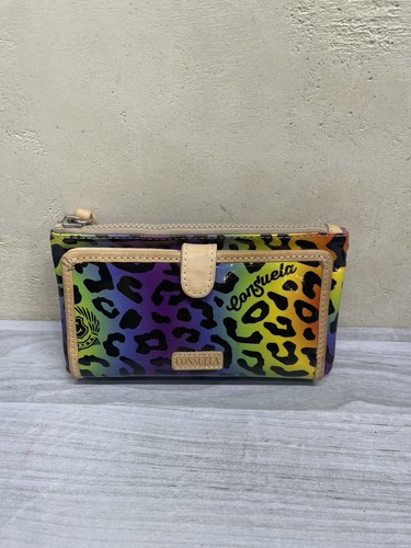 Portafoglio Consuela Semi Sottile Multicolore Arcobaleno Viola Stampa Leopardata