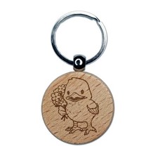 Easter Chicken Chick With Bouquet of Flowers Engraved Wood Round Keychain Tag