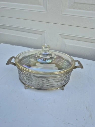 Vintage Iridescent Pyrex OVEN GLASS Oval 1 1/2QT Casserole w/ Chrome Holder Read