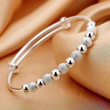 925 Silver Tone Beaded Bracelets Adjustable Classic Layered Women Jewelry