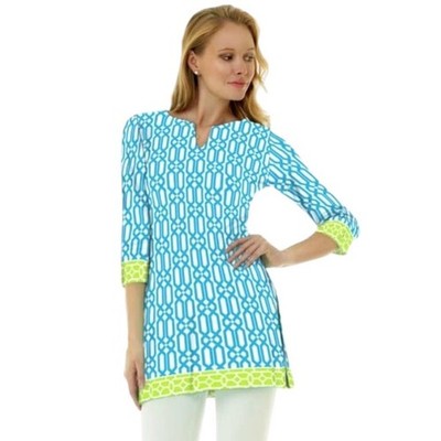 NWT Barbara Gerwitt V-Neck 3/4 Length Sleeve Aqua Lime Lattice Tunic Size XL