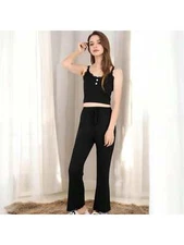 Women's Ribbed Tank And Drawstring Pants Lounge Set With Lace Trim