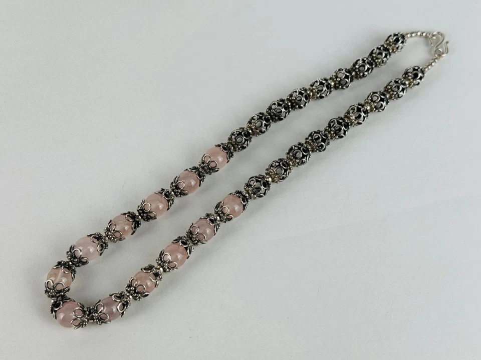 Girocollo Tibetano Collana In Argento E Sfere Quarzo Rosa Gioiello Tibet XX Sec. - Immagine 4 di 4