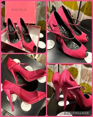 Red Or Dead cerise, y2k designer, high stiletto heel, peep toe, satin shoe -UK 7 - Image 1 of 4