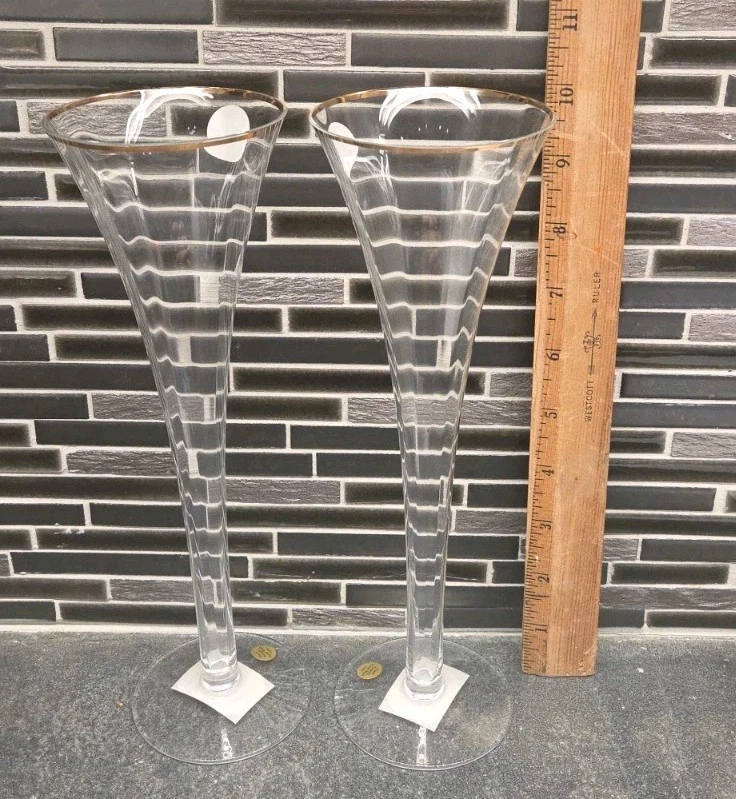 Pair Block Crystal Celebration Hollow Stem Champagne Flutes Gold Rim 10" New - Image 2 of 4