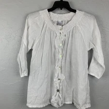 Match Point Linen Top Womens Small White Button Front Ruffle Blouse USA
