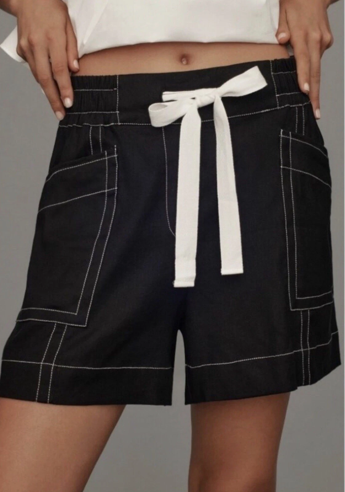 Maeve Anthropologie La Ponche Linen Blend High Waist Contrast Stitch Shorts XS