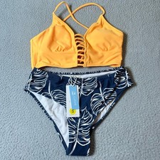 Cupshe Swimsuit Womens S Orange Blue Lace Up Strappy Two Piece Bikini NEW