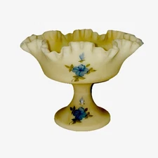 Fenton Pedestal Compote Custard Satin Glass Hand Painted & Signed~Vintage 1960’s