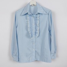 Vintage 60s 70s Women's Tuxedo Ruffled Blue Button Shirt Dagger Disco Medium USA
