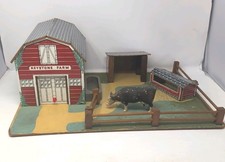 VTG 1940s Keystone Toy Farm Play Set 617 Barn Fence Chicken Coop Wood w/ Cow