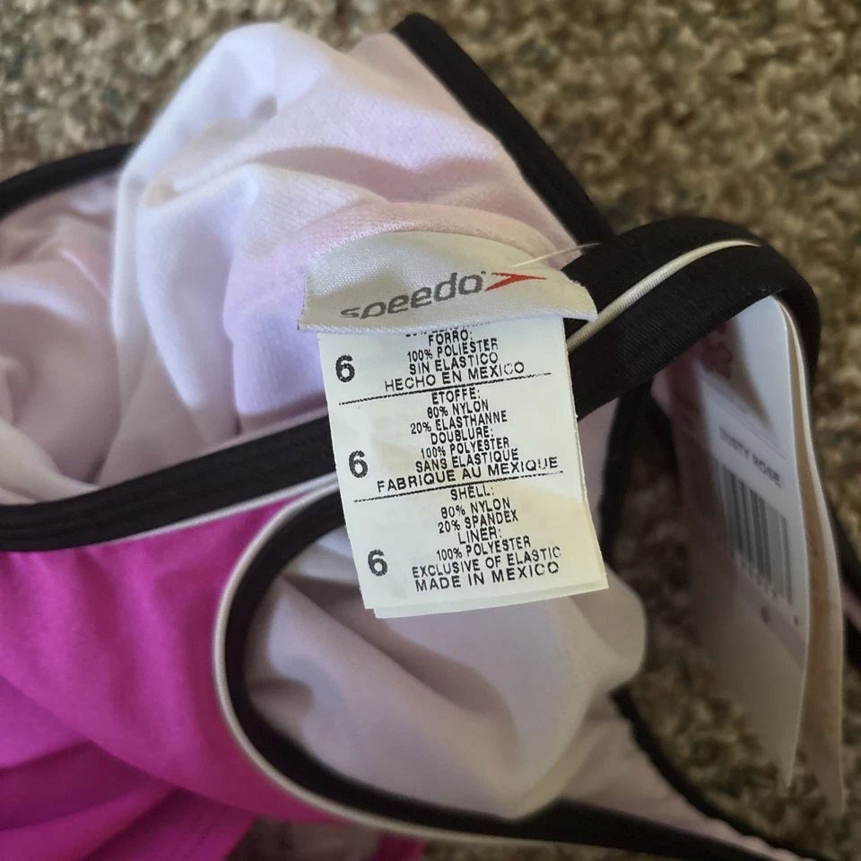 Maiô Speedo Girls peça única tamanho 6 novo com etiquetas preto e rosa brilhante costas de corrida - Imagem 4 de 4