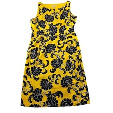 London Times Sheath Dress Womens 14 Yellow Black Floral Stretch Pleat Round Neck