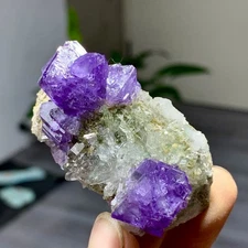 51G Natural purple cubic fluorite white crystal clusters paragenesis/China