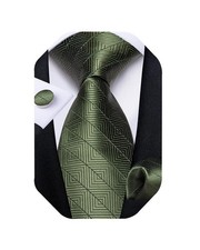 Mens Tie Set Silk Solid Paisley Necktie and Pocket Square Olive Green