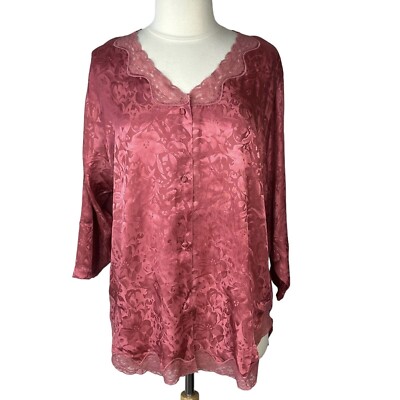 Adonna Womens Sleep Pajama Top Silky Lace Pink Button Front