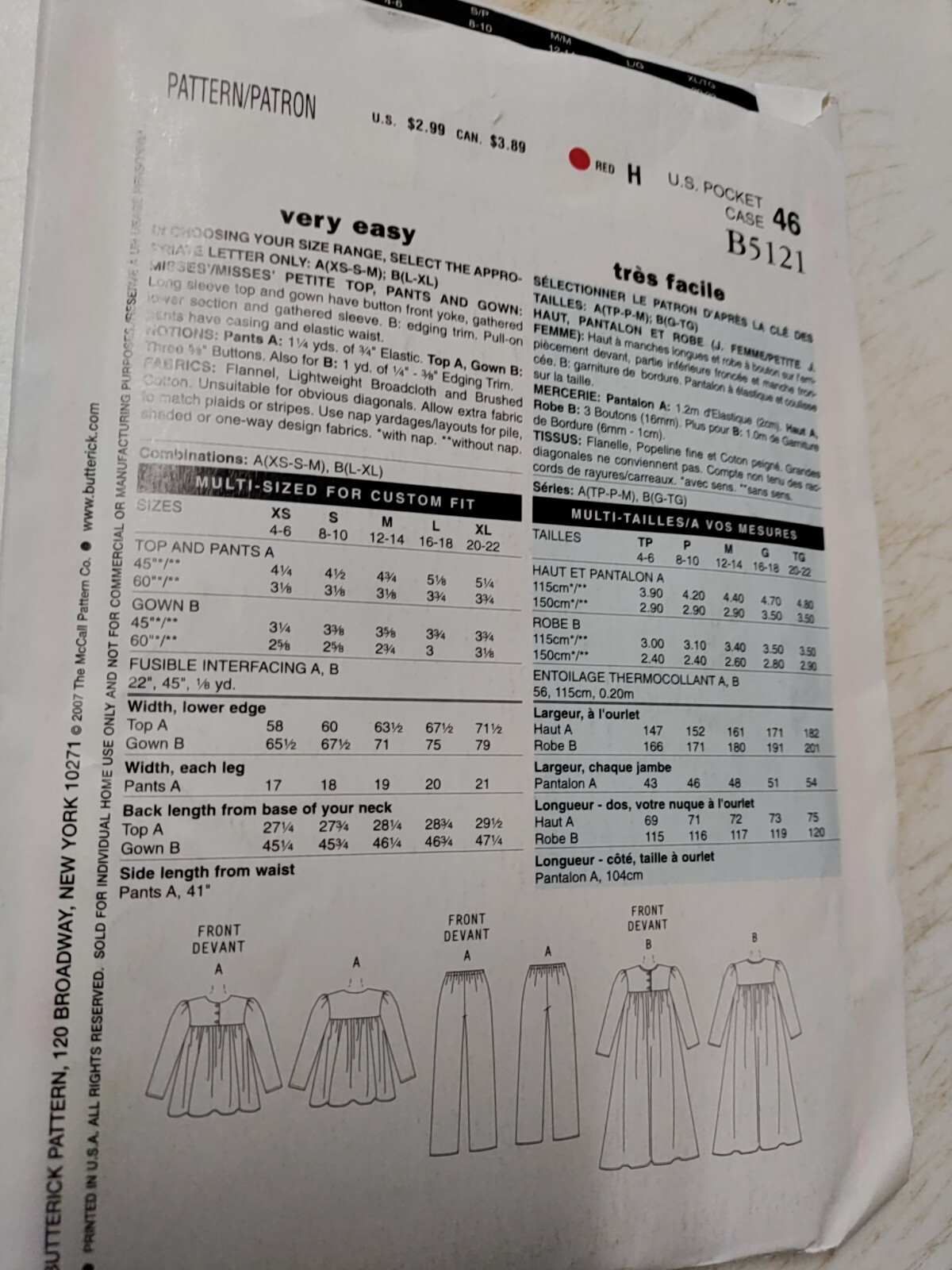See & Sew Butterick Sewing Pattern B5121 Top Pants & Gown Size A XS - M UnCut FF